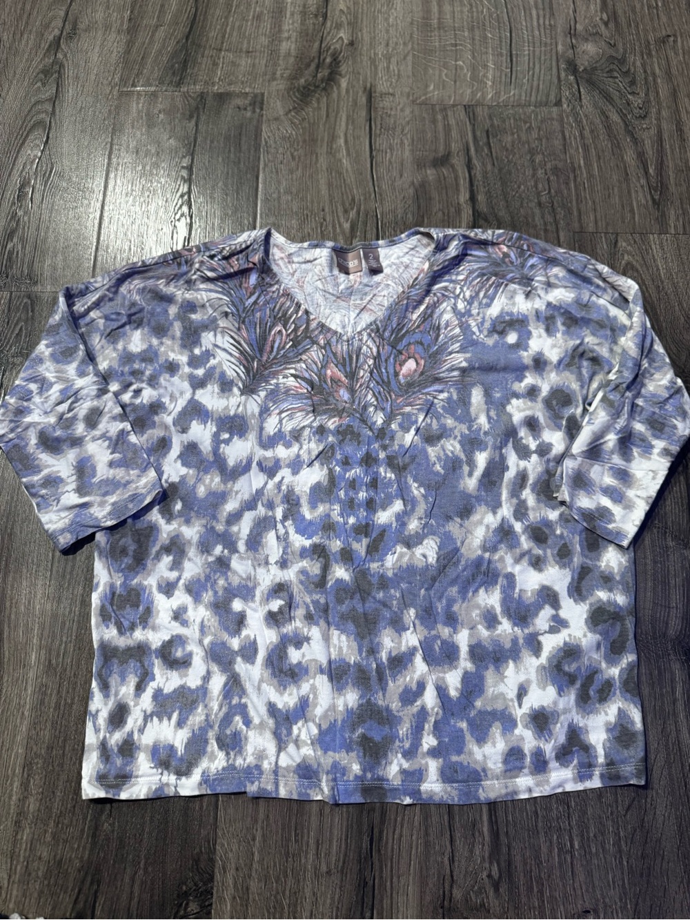 Chico's Blue Gray Leopard Print Top with peacock feather Accent size 2 medium